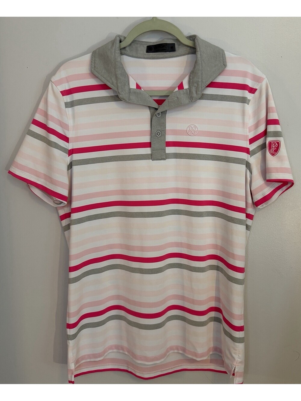 G Force Men’s M Golf Shirt Favorite Stripe Pink Grey Tech Jersey Performance EUC